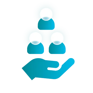 Icon of a hand, palm up, with 3 floating person avatars above it arranged in a pyramid.
