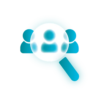 Icon of a magnifying glass inspecting 3 person avatars.