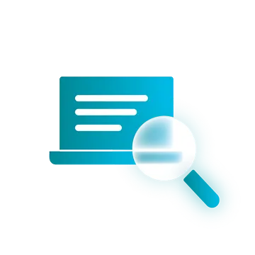 Icon of a magnifying glass inspecting an open laptop.